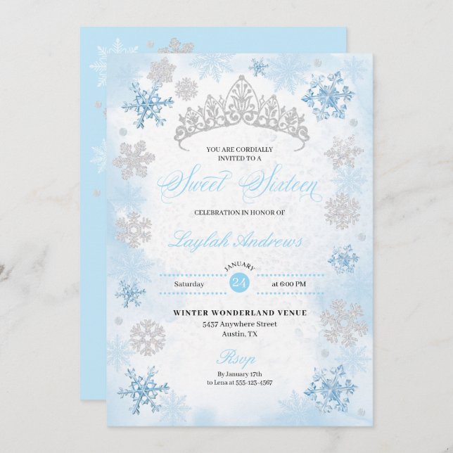 Convite Pó Blue Winter Wonderland Snowflake Sweet 16 (Frente/Verso)