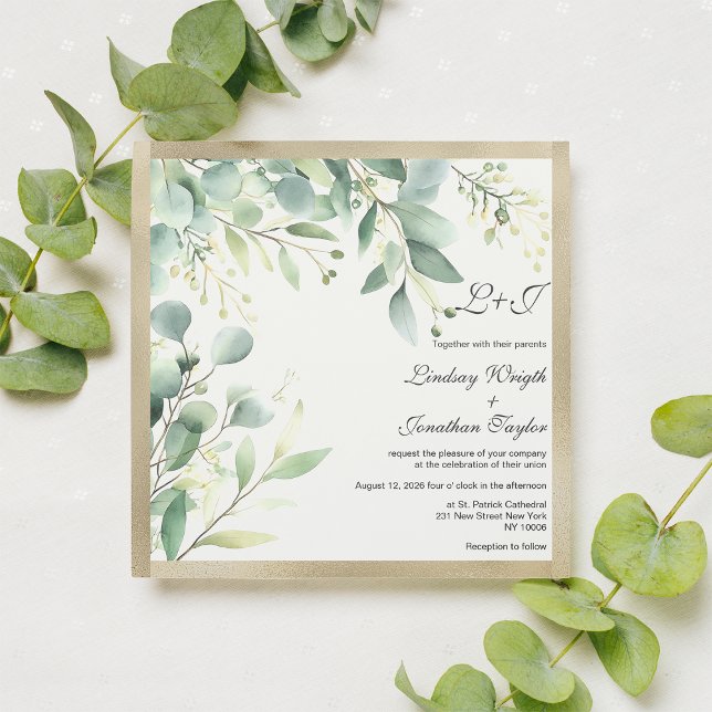 Convite Pó-d-água russo eucalipto ouro verde Casamento (Watercolor rustic eucalyptus greenery gold Wedding )