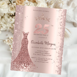 Convite Pó de Brilho Rosa Dourado Diamante Vestido 25th