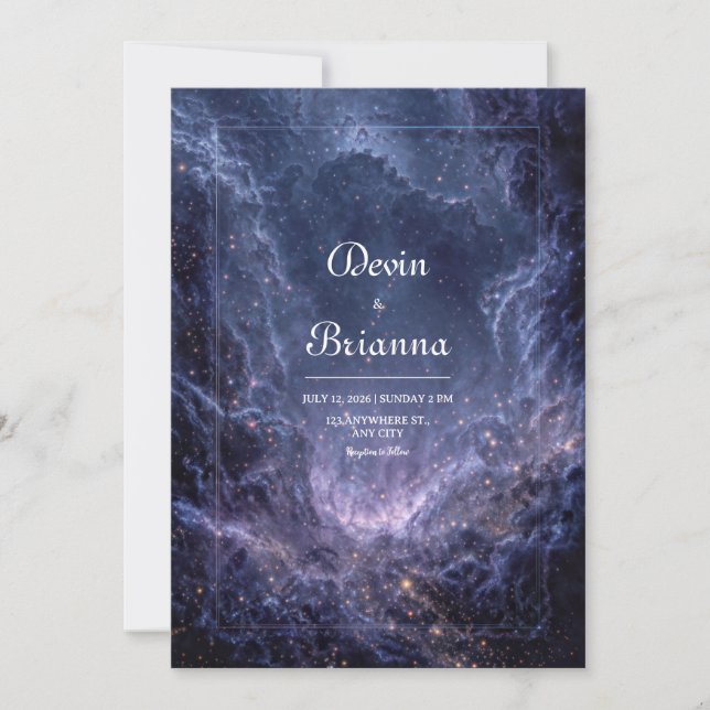 Convite Pó de Estrela Azul Cósmica Casamento Celestial (Frente)