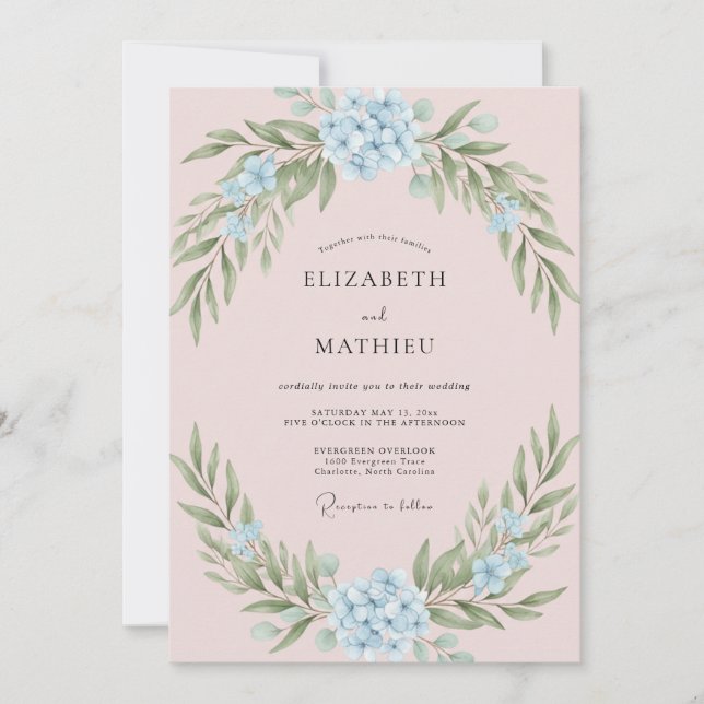 Convite Pó de Rosto Azul Etéreo Casamento de Primavera (Frente)