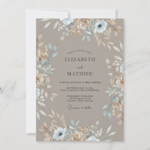 Convite Pó de Toupe Casamento Azul Silenciado Folhagem