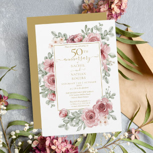 Convite Pó Floral Rosa 50º Aniversário de Casamento Dourad