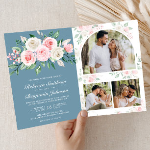 Convite Pó Floral Rosa Bege Azul Código QR Casamento