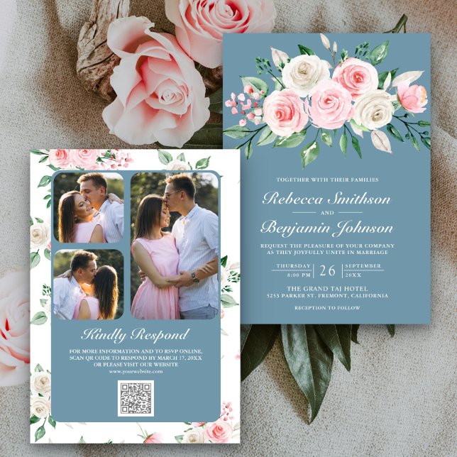 Convite Pó Floral Rosa Bege Azul Código QR Casamento (Criador carregado)