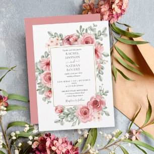 Convite Pó Floral Rosa Dourado Casamento