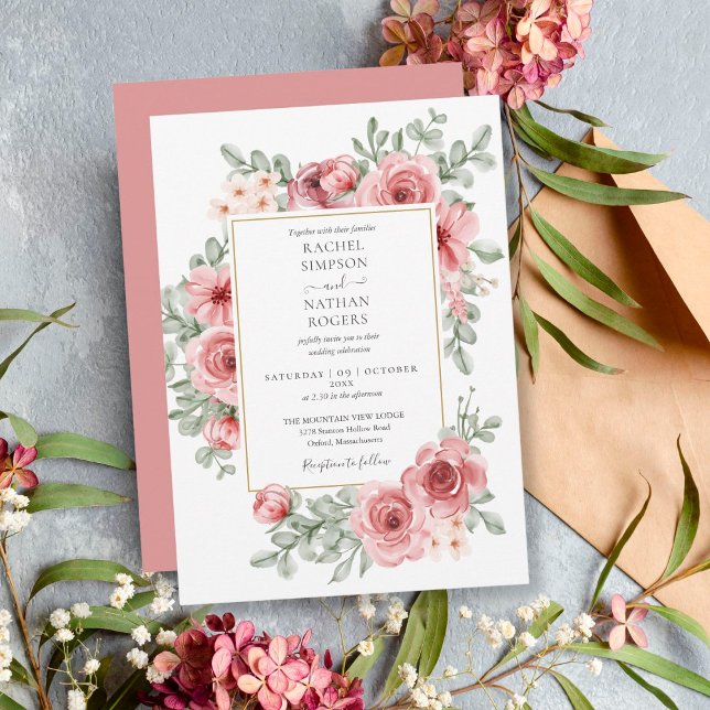 Convite Pó Floral Rosa Dourado Casamento (Criador carregado)