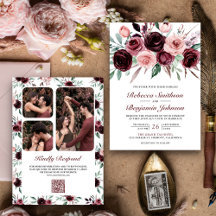 Pó Rosa Borgonha Floral Código QR Casamento