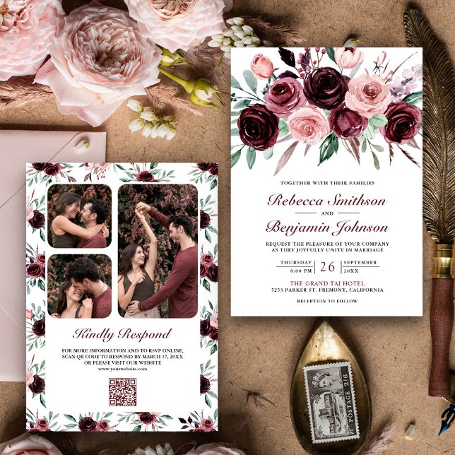Convite Pó Rosa Borgonha Floral Código QR Casamento (Criador carregado)