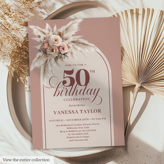 Convite Pó Rosa de Arquitetura Sentimental Cinquenta 50 (Heartfelt Arch Powder Pink Pampas Floral Fifty Birthday)