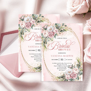 Convite Pó Rosa Floral Eucalipto Chá de Noiva Chic