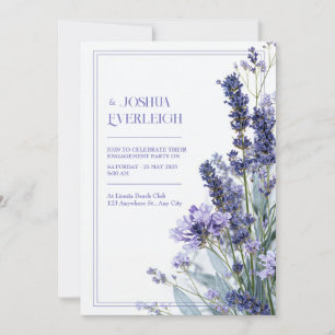 Convite Pó Rosa Lavanda Azul Esboço Moldura Floral Casamen