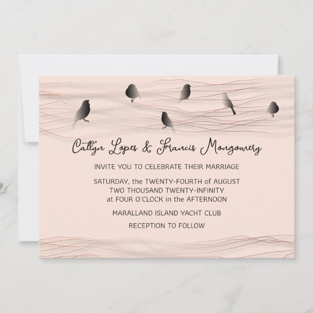 Convite Pó Rosa Negro De Casamento Linhas Delicadas Pássar (Frente)