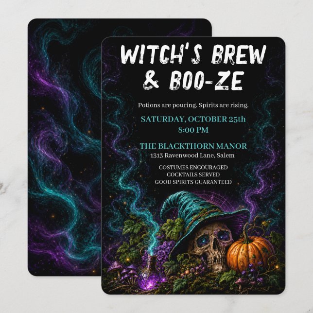 Convite Poção de Bruxa & Coquetel Gótico de Halloween  (Frente/Verso)