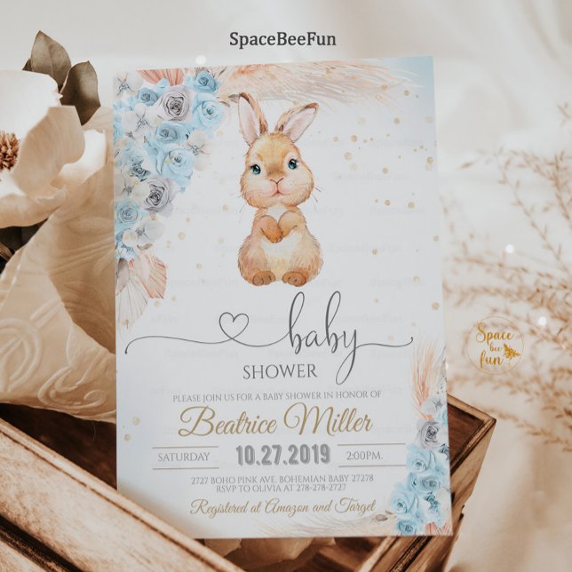 Convite Poço de Chá de fraldas Coelhinho Boho Pampas (Bunny Baby Shower Invitation Boy Boho pampas grass Bohemian Rabbit Bunny Baby Shower Some Bunny )