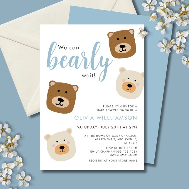 Convite Podemos Ampliar O Chá de fraldas Dos Meninos De Es (We can bearly wait, cute teddy bear baby shower invitation with blue text for baby boy.)