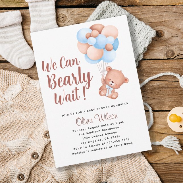 Convite Podemos Chatear Chá de fraldas (We Can Bearly Wait Boy Baby Shower Invitation)