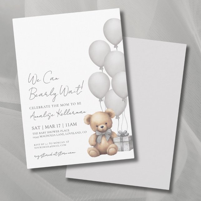 Convite Podemos Dificilmente Esperar Chá de Bebê Urso Neut (We Can Bearly Wait Gender Neutral Bear Baby Shower Invitation )