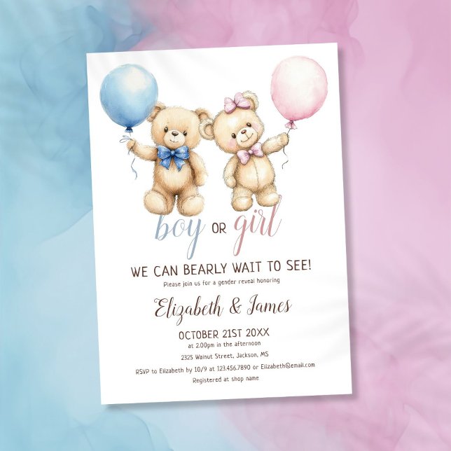 Convite Podemos Esperar A Revelação De Gênero Do Balão Do  (We Can Bearly Wait Bear Balloon Gender Reveal Invitation)