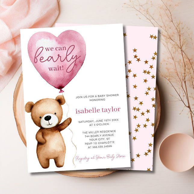 Convite Podemos Esperar Chá de fraldas (we can bearly wait, pink girl baby shower invitation 5 x 7)
