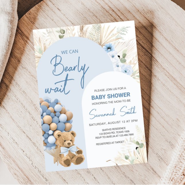 Convite Podemos Esperar Chá de fraldas Azul (Boho Blue Bear Baby Shower Invitation)