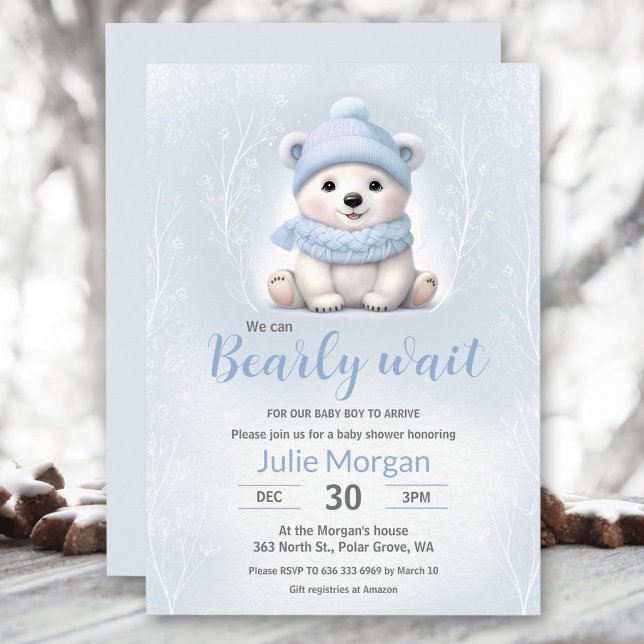 Convite Podemos Esperar Chá de fraldas Azul Do Urso Polar (We Can Bearly Wait Blue Polar Bear Baby Shower Invitation)