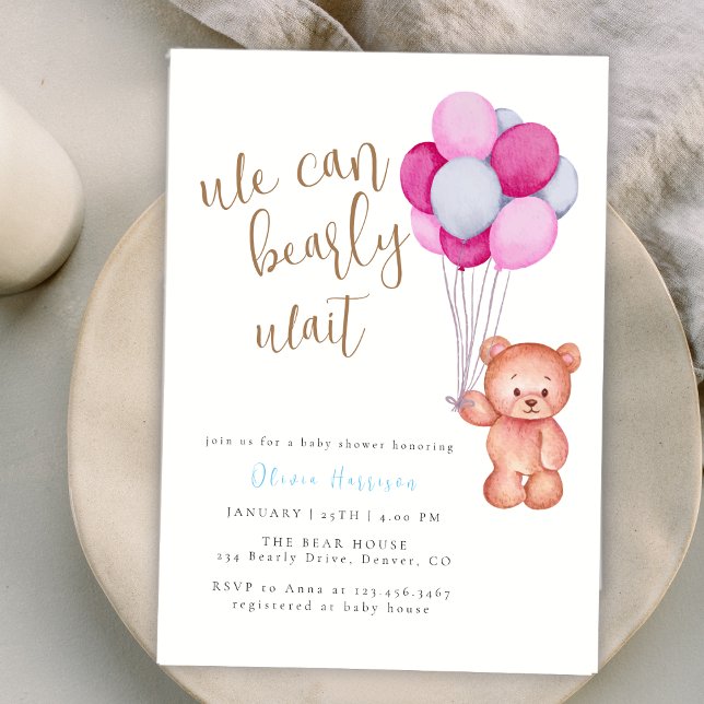 Convite Podemos Esperar Chá de fraldas Azul Rosa (We Can Bearly Wait Pink Blue Balloon Baby Shower Invitation)