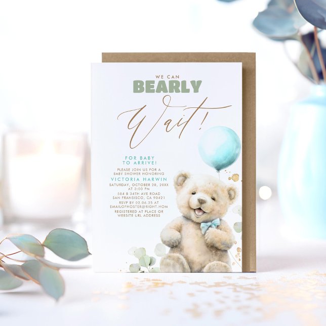 Convite Podemos Esperar - Chá de fraldas De Bebê (We Can Bearly Wait - Cute Joyful Little Bear Baby Shower Invitations in Blue, Brown and Green)