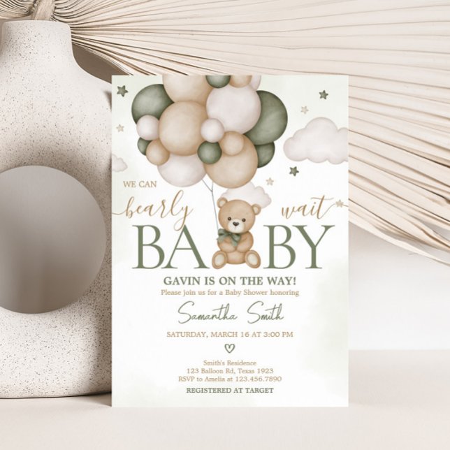 Convite Podemos Esperar Chá de fraldas de Boho Verde (Green Boho Teddy Bear Baby Shower Invitation )