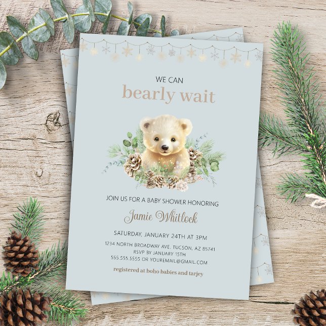 Convite Podemos Esperar Chá de fraldas de inverno Blue Boy (blue bohemian we can bearly wait elegant winter baby shower invitation with polar bear twinkle light)