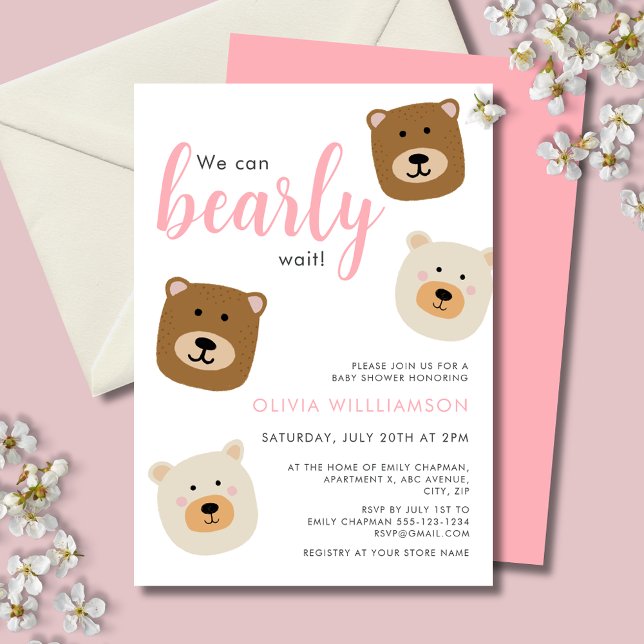 Convite Podemos Esperar Chá de fraldas De Meninas Rosa (We can bearly wait, cute teddy bear baby shower invitation with girl text for baby girl.)