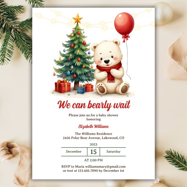 Convite Podemos Esperar Chá de fraldas de Natal do Urso Bo (We Can Bearly Wait | Cute Polar Bear Christmas Themed Baby Shower Invitation)