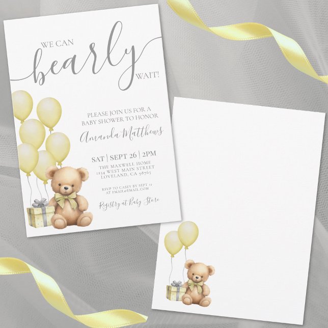 Convite Podemos Esperar Chá de fraldas De Urso Amarelo (We Can Bearly Wait Yellow Bear Baby Shower Invitation)