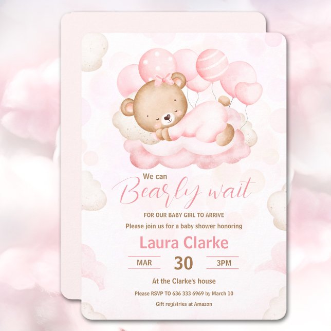 Convite Podemos Esperar Chá de fraldas de Urso Rosa (We Can Bearly Wait Girl pink Bear Baby Shower Invitation)