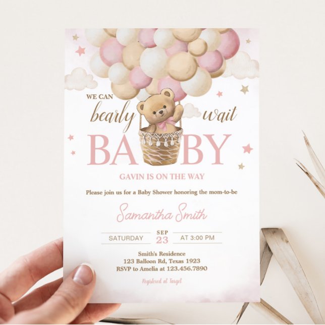 Convite Podemos Esperar Chá de fraldas De Urso Rosa (Girl Teddy Bear Balloon Baby Shower Invitation)