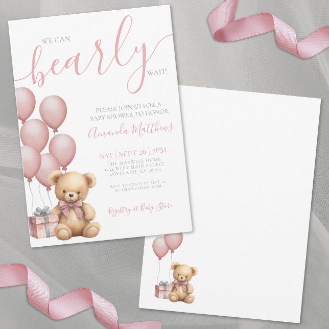 Convite Podemos Esperar Chá de fraldas De Urso Rosa (We Can Bearly Wait Girl Pink Bear Baby Shower Invitation)