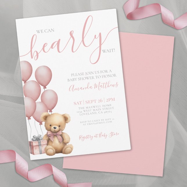 Convite Podemos Esperar Chá de fraldas De Urso Rosa (We Can Bearly Wait Girl Pink Bear Baby Shower Invitation )