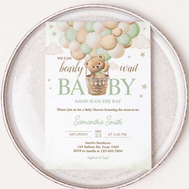 Convite Podemos Esperar Chá de fraldas De Urso Verde (Boho Green Teddy Bear Baby Shower Invitation)
