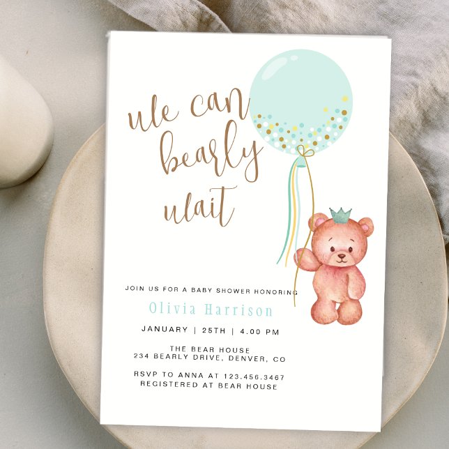 Convite Podemos Esperar Chá de fraldas De Urso Verde (We Can Bearly Wait Green Balloon Bear Baby Shower Invitation)