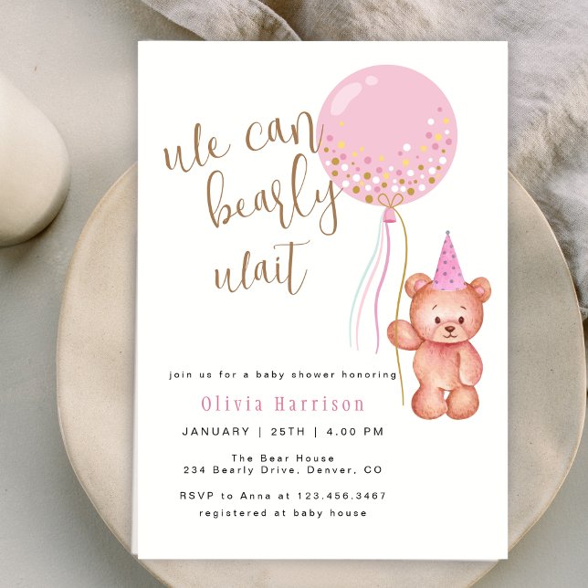 Convite Podemos Esperar. | Chá de fraldas do balão rosa (We Can Bearly Wait | Bear Pink Balloon Baby Shower Invitation)