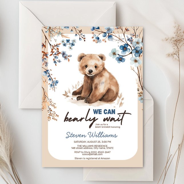 Convite Podemos Esperar Chá de fraldas floral azul (Cute bear with rustic blue flowers baby shower invitation)
