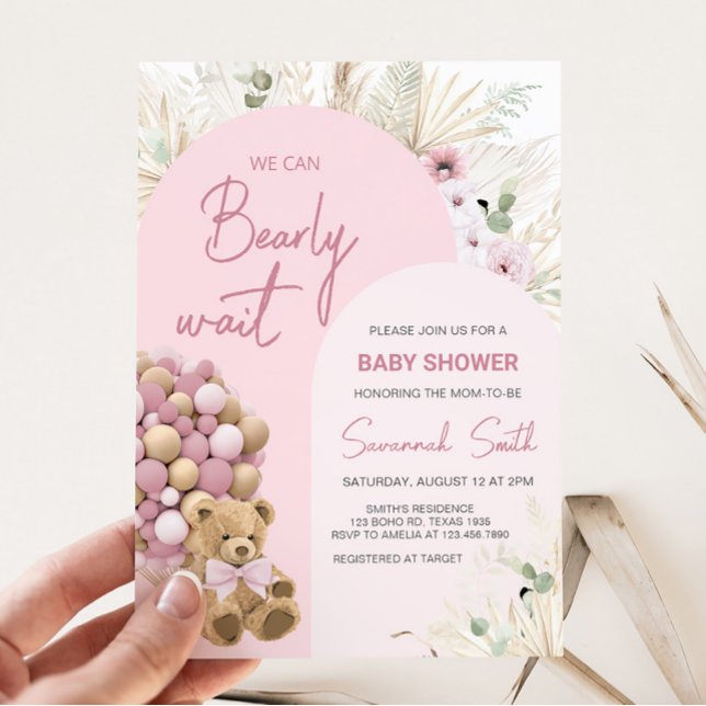 Convite Podemos Esperar Chá de fraldas Rosa (Pink Boho Bear Baby Shower Invitation)