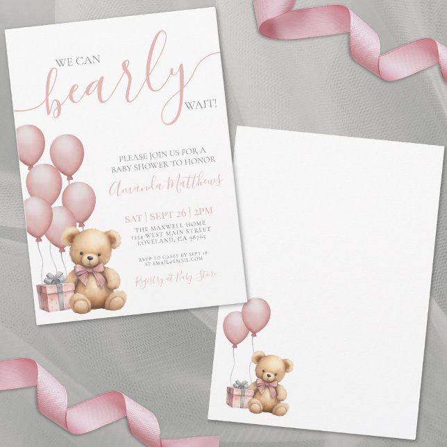 Convite Podemos Esperar Chá de fraldas Rosa (Teddy Bear We Can Bearly Wait Baby Shower Invitation)