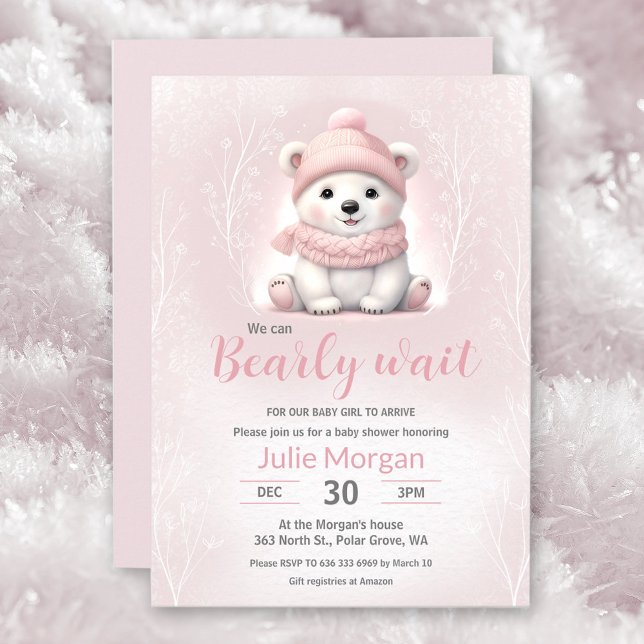 Convite Podemos Esperar Chá de fraldas Rosa Do Urso Polar (We Can Bearly Wait Pink Polar Bear Baby Shower Invitation)
