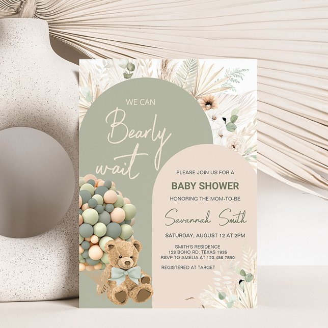 Convite Podemos Esperar Chá de fraldas Verde (Green Boho Teddy Bear Baby Shower Invitation)