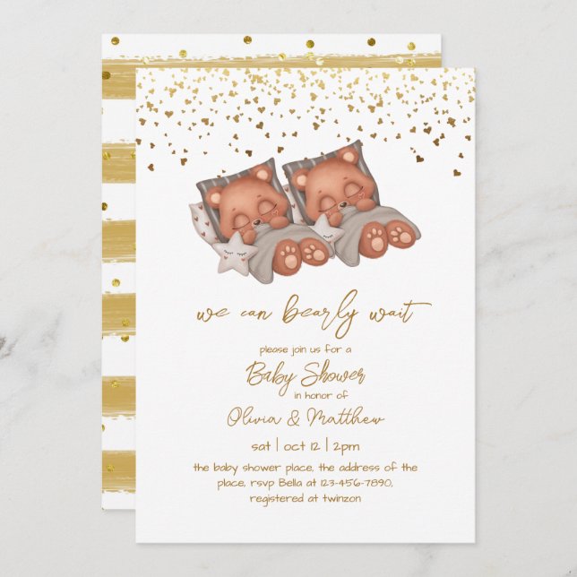 Convite Podemos Esperar Gêmeos Chás de fraldas Neutros (Frente/Verso)