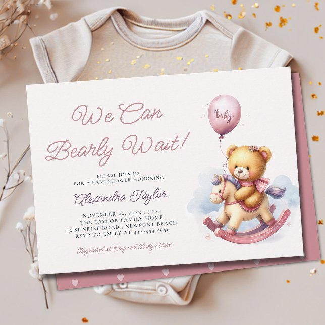 Convite Podemos Esperar O Chá Da Menina Do Cavalo De Fogue (we can bearly wait baby girl shower invitation teddy bear cute rocking chair cowboy western pink)