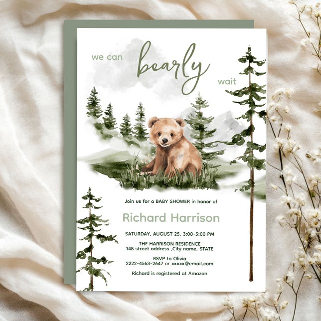 Convite Podemos esperar o chá de fraldas (Bearly wait cute watercolor forest baby shower invitation )