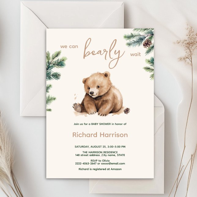 Convite Podemos esperar o chá de fraldas (Bearly wait cute watercolor forest baby shower invitation )