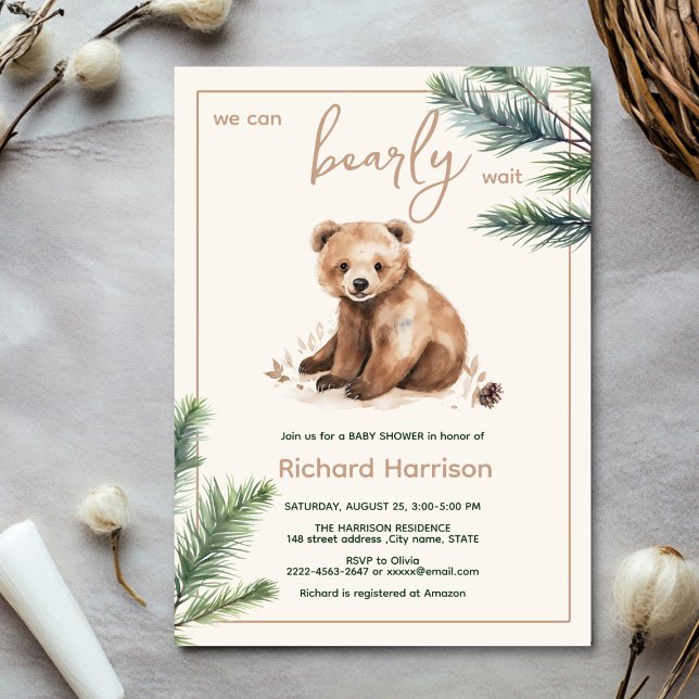 Convite Podemos esperar o chá de fraldas (Bearly wait cute watercolor forest baby shower invitation )
